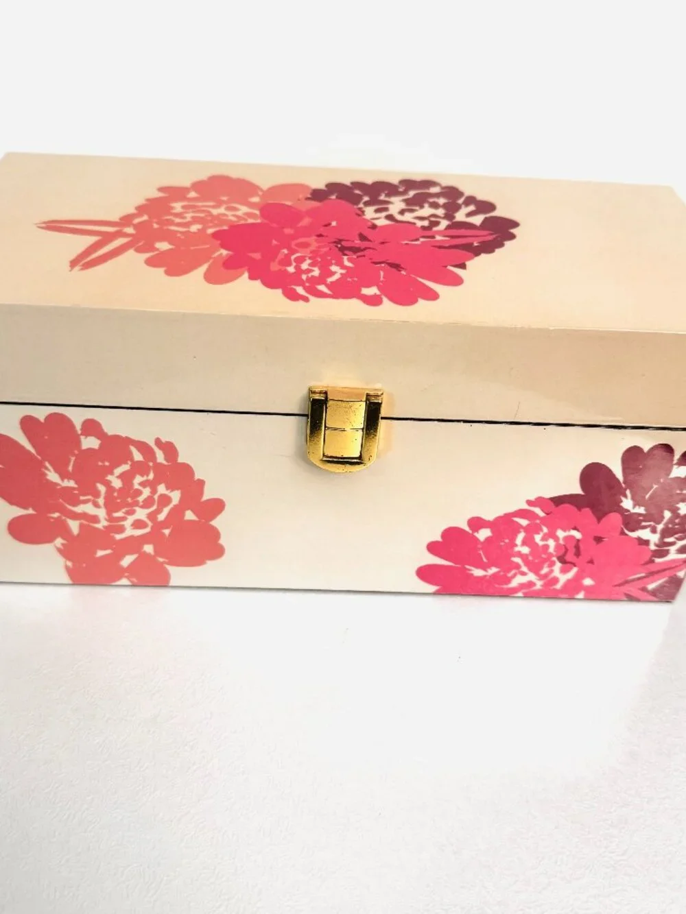 Rectangular Jewelry Box 9x4 Lacquer Floral Tan Pink Black Velvet Lining Box Clas